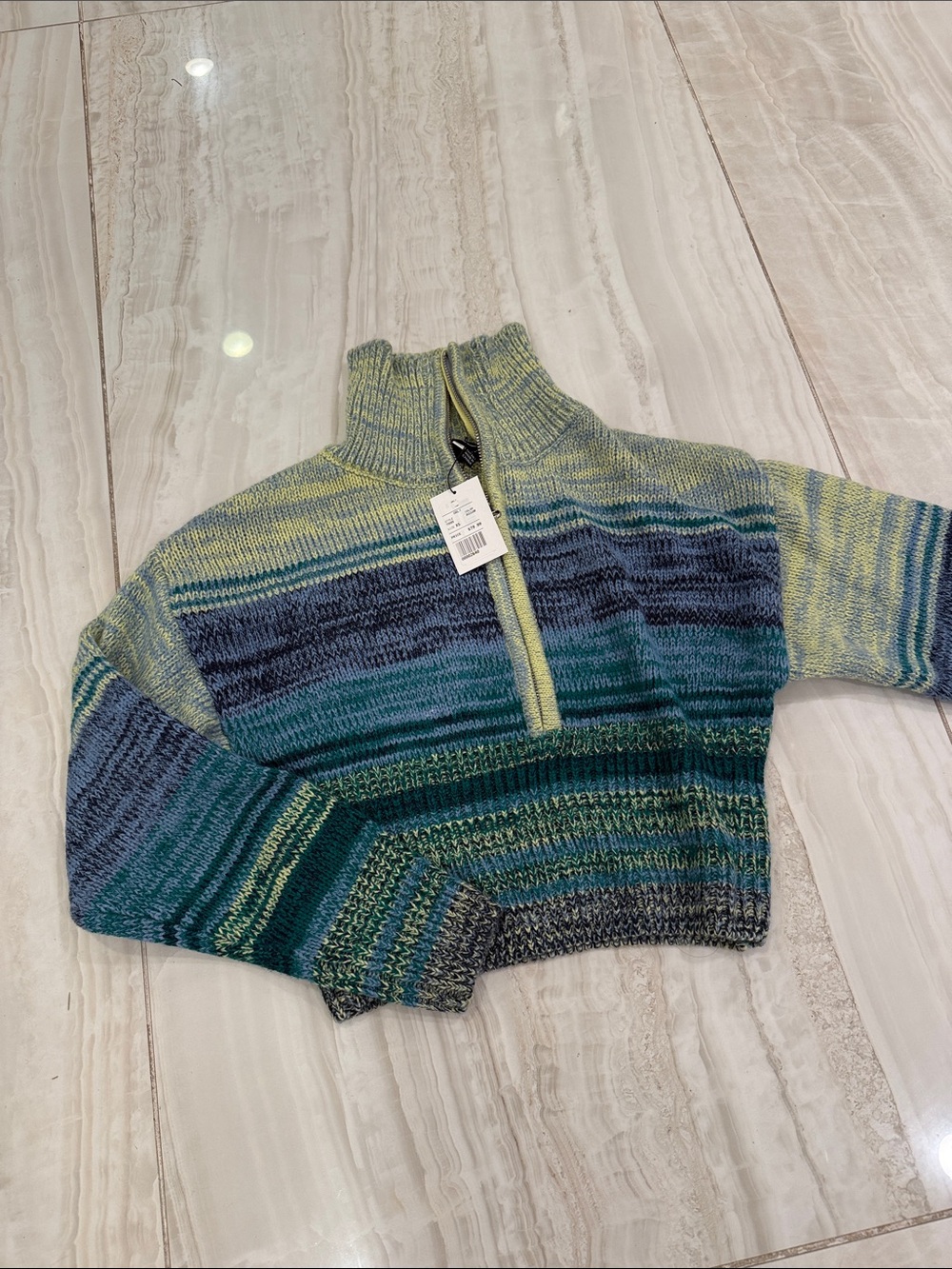 DKNY Striped Half-Zip Turtleneck Sweater in Green and Blue